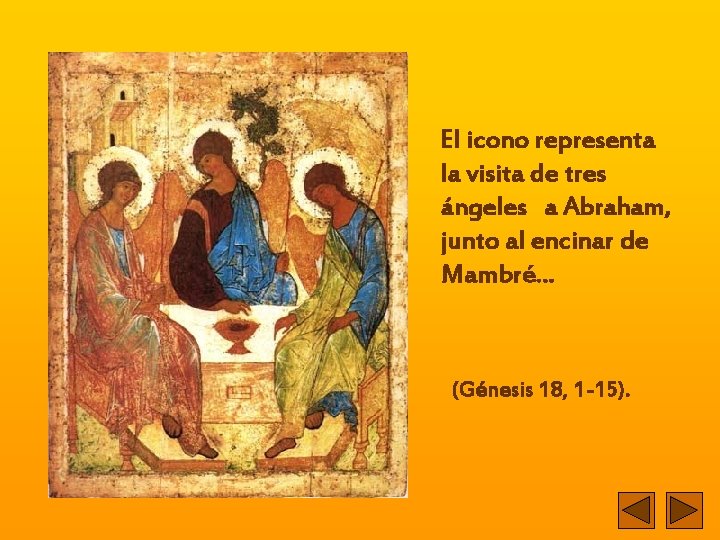 El icono representa la visita de tres ángeles a Abraham, junto al encinar de