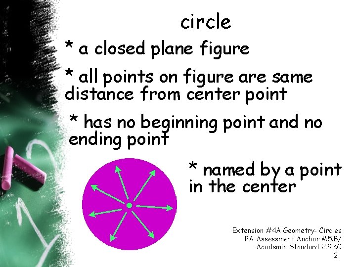 circle * a closed plane figure * all points on figure are same distance