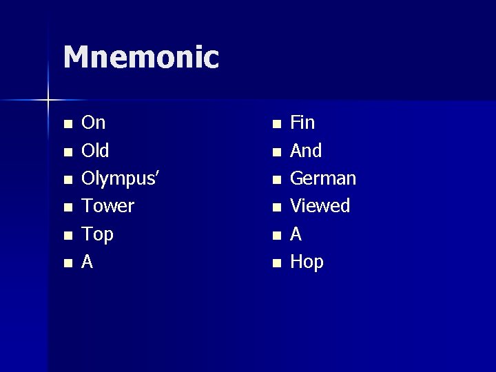 Mnemonic n n n On Old Olympus’ Tower Top A n n n Fin
