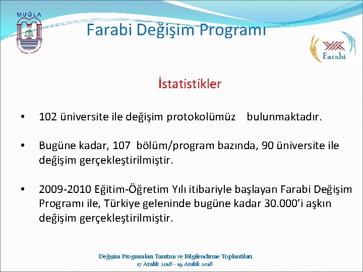 Farabi Değişim Programı İstatistikler • 102 üniversite ile değişim protokolümüz bulunmaktadır. • Bugüne kadar,