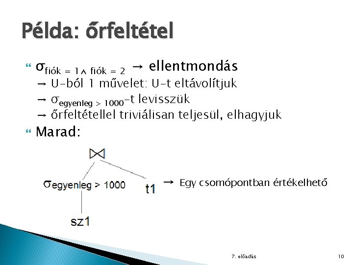 Példa: őrfeltétel σfiók = 1⋀ fiók = 2 → ellentmondás → U-ból 1 művelet: