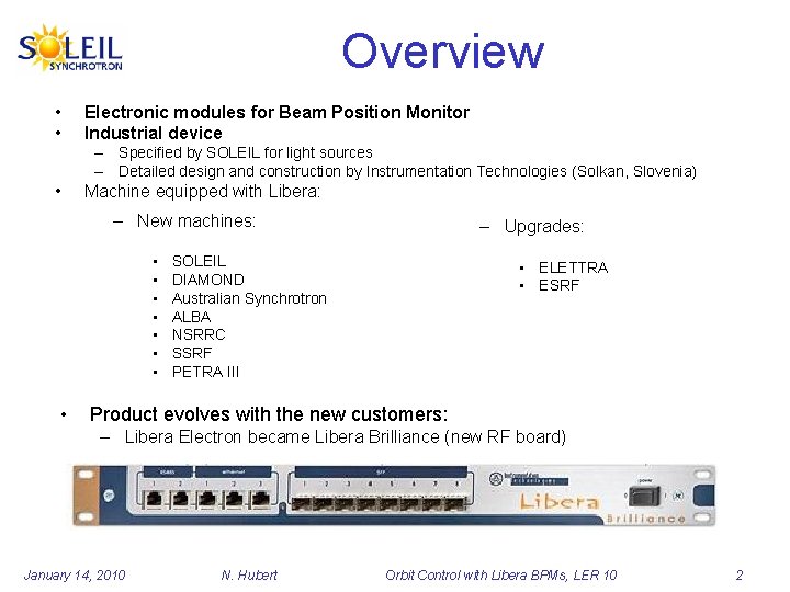 Overview • • Electronic modules for Beam Position Monitor Industrial device – Specified by
