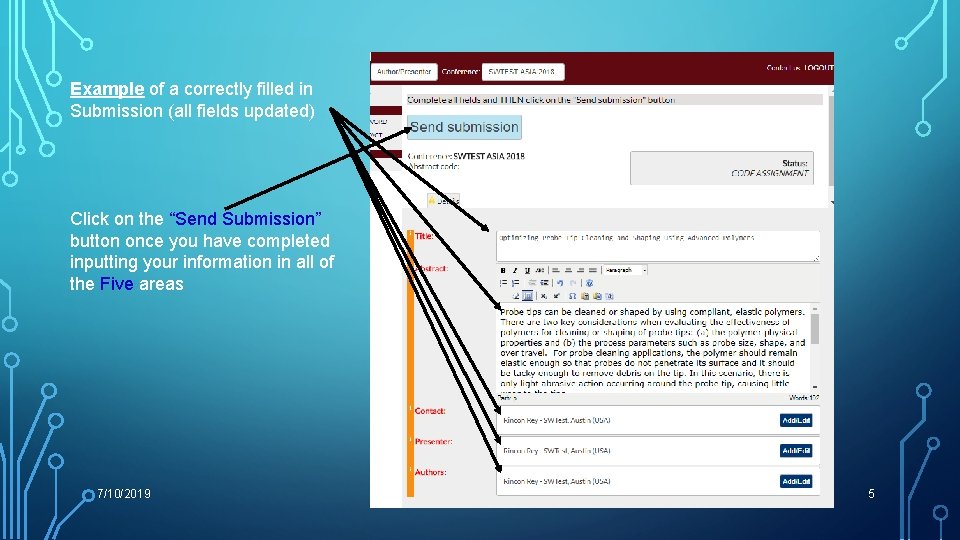 Example of a correctly filled in Submission (all fields updated) Click on the “Send