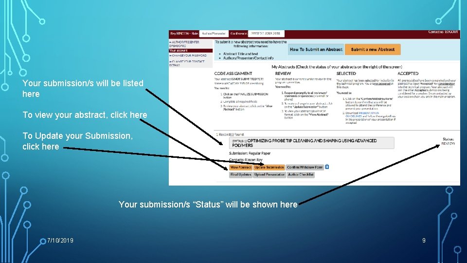 Your submission/s will be listed here To view your abstract, click here To Update
