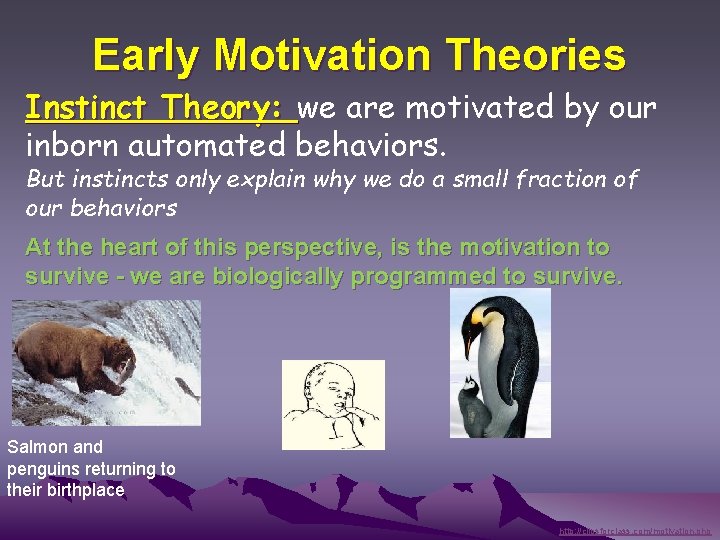 Early Motivation Theories Instinct Theory: we are motivated by our inborn automated behaviors. But