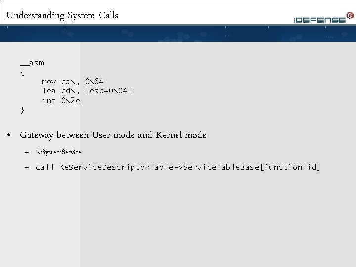 Understanding System Calls __asm { mov eax, 0 x 64 lea edx, [esp+0 x