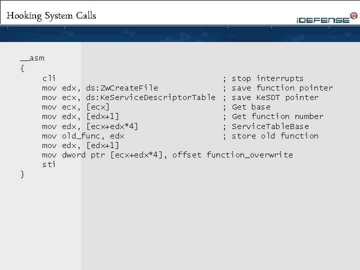 Hooking System Calls __asm { cli mov mov sti } ; stop interrupts edx,