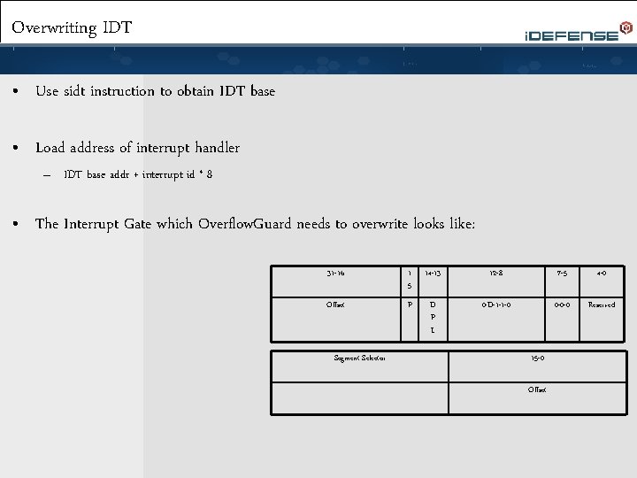 Overwriting IDT • Use sidt instruction to obtain IDT base • Load address of
