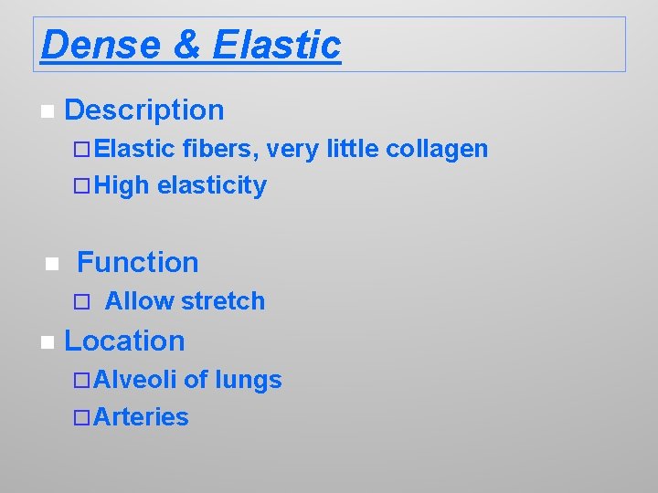 Dense & Elastic n Description ¨ Elastic fibers, very little collagen ¨ High elasticity