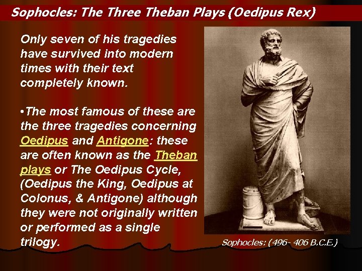 Sophocles: The Three Theban Plays (Oedipus Rex) Only seven of his tragedies have survived