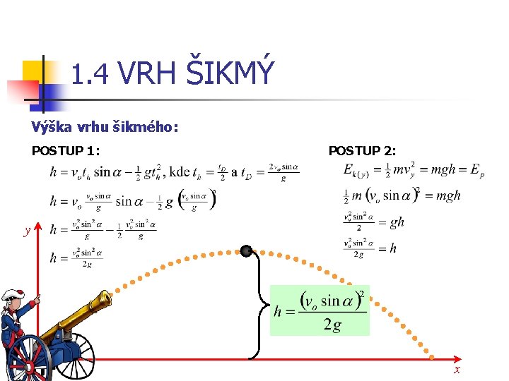 1. 4 VRH ŠIKMÝ Výška vrhu šikmého: POSTUP 1: POSTUP 2: y h x