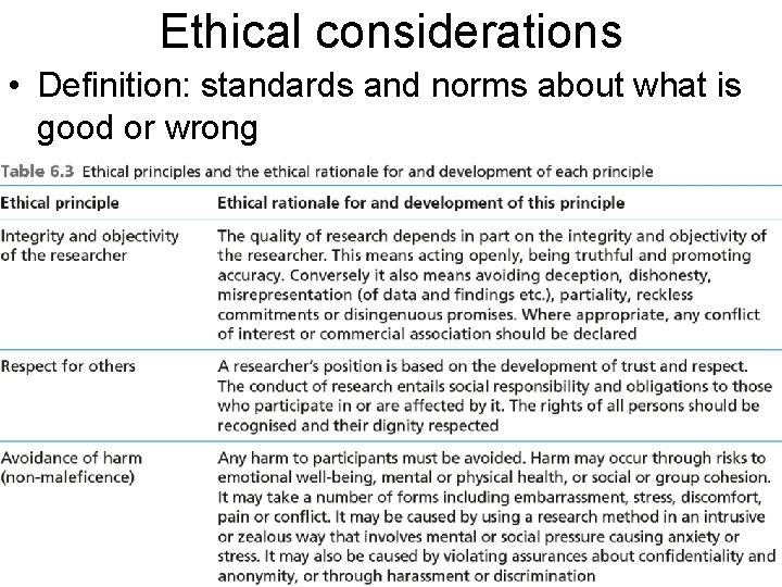 Ethical considerations • Definition: standards and norms about what is good or wrong 