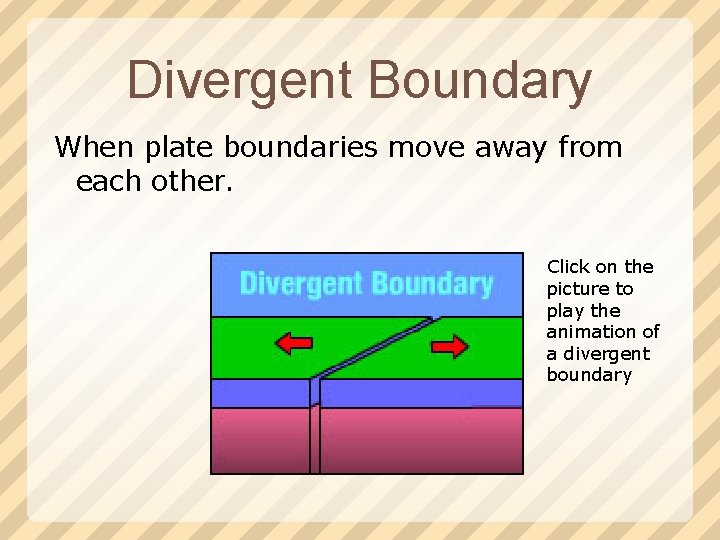 Divergent Boundary When plate boundaries move away from each other. Click on the picture