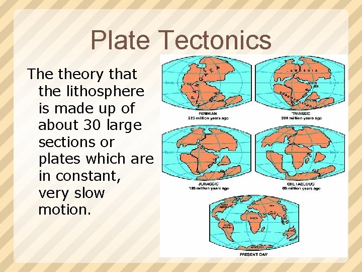 Plate Tectonics The theory that the lithosphere is made up of about 30 large