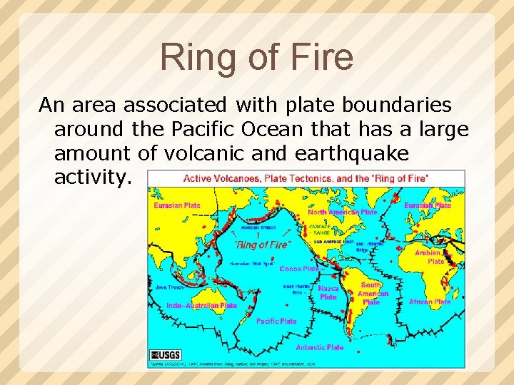 Ring of Fire An area associated with plate boundaries around the Pacific Ocean that