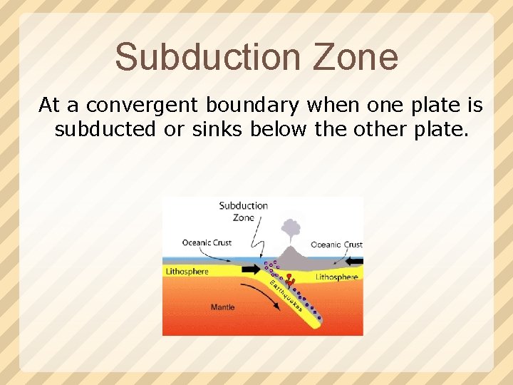 Subduction Zone At a convergent boundary when one plate is subducted or sinks below