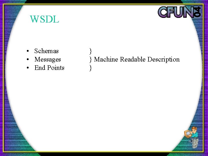 WSDL • Schemas • Messages • End Points } } Machine Readable Description } WSDL • Schemas • Messages • End Points } } Machine Readable Description }