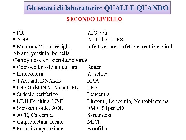 Gli esami di laboratorio: QUALI E QUANDO SECONDO LIVELLO § FR AIG poli §