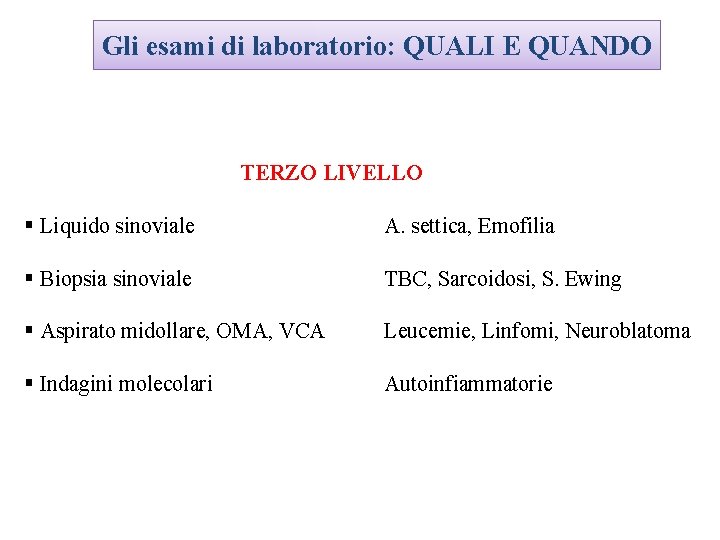 Gli esami di laboratorio: QUALI E QUANDO TERZO LIVELLO § Liquido sinoviale A. settica,