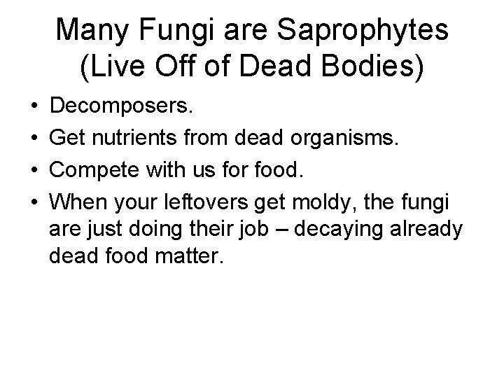Many Fungi are Saprophytes (Live Off of Dead Bodies) • • Decomposers. Get nutrients