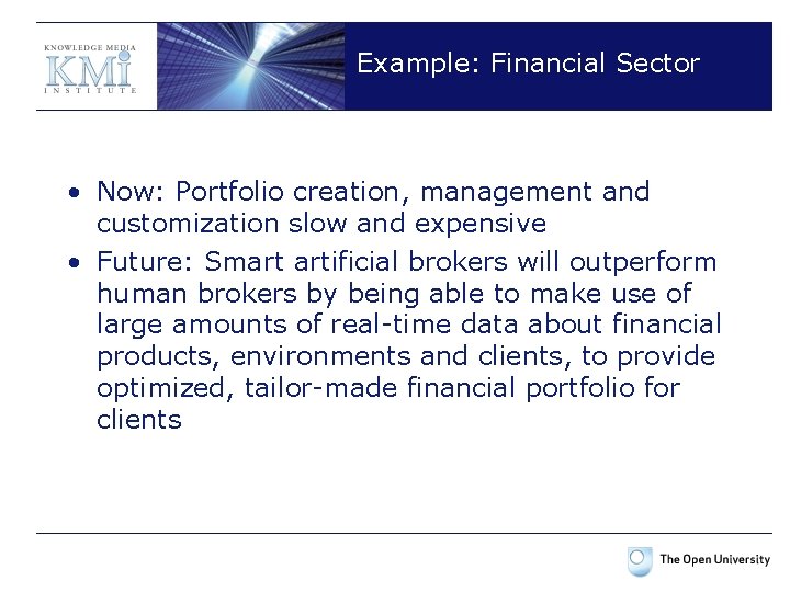 Example: Financial Sector • Now: Portfolio creation, management and customization slow and expensive •