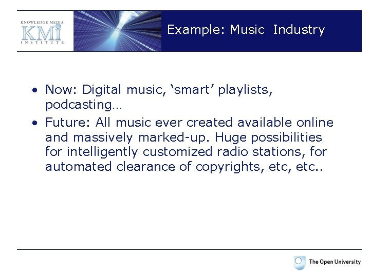 Example: Music Industry • Now: Digital music, ‘smart’ playlists, podcasting… • Future: All music