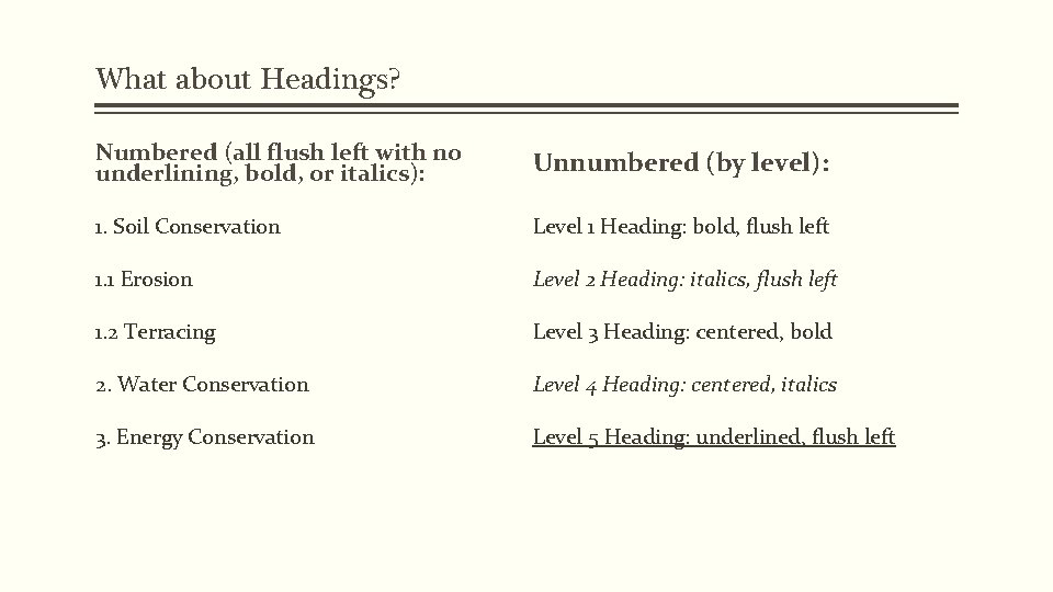 What about Headings? Numbered (all flush left with no underlining, bold, or italics): Unnumbered