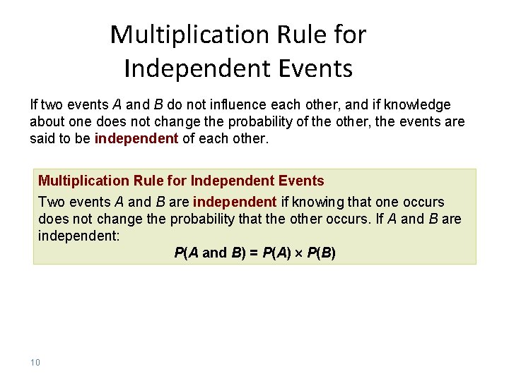 Multiplication Rule for Independent Events If two events A and B do not influence