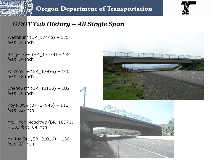 ODOT Tub History – All Single Span Washburn (BR_17446) – 175 feet, 76 inch