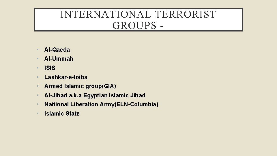 INTERNATIONAL TERRORIST GROUPS • Al-Qaeda • Al-Ummah • ISIS • Lashkar-e-toiba • Armed Islamic