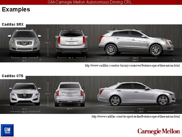 GM-Carnegie Mellon Autonomous Driving CRL 27 Examples Cadillac SRX http: //www. cadillac. com/srx-luxury-crossover/features-specs/dimensions. html