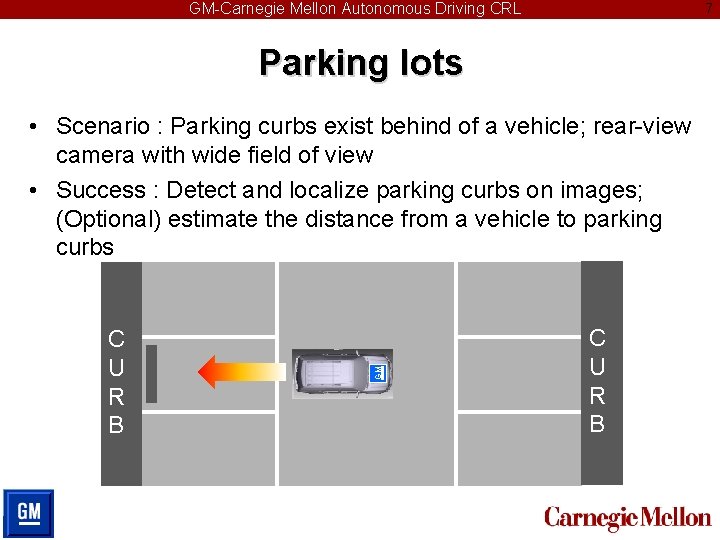 GM-Carnegie Mellon Autonomous Driving CRL 7 Parking lots C U R B GM •