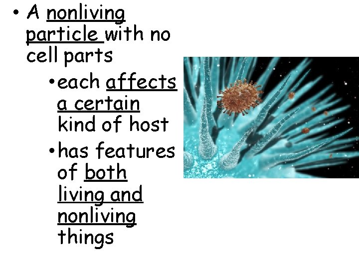  • A nonliving particle with no cell parts • each affects a certain