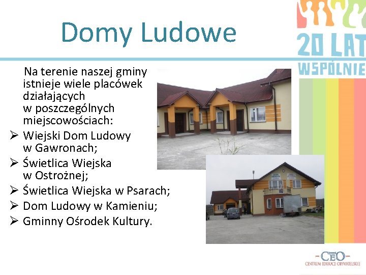 Domy Ludowe Na terenie naszej gminy istnieje wiele placówek działających w poszczególnych miejscowościach: Ø