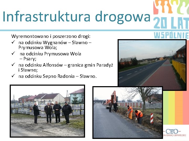 Infrastruktura drogowa Wyremontowano i poszerzono drogi: ü na odcinku Wygnanów – Sławno – Prymusowa