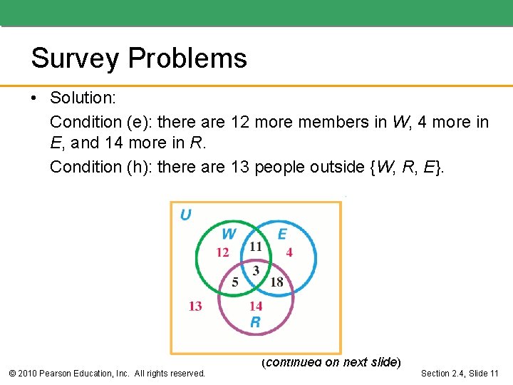 Survey Problems • Solution: Condition (e): there are 12 more members in W, 4