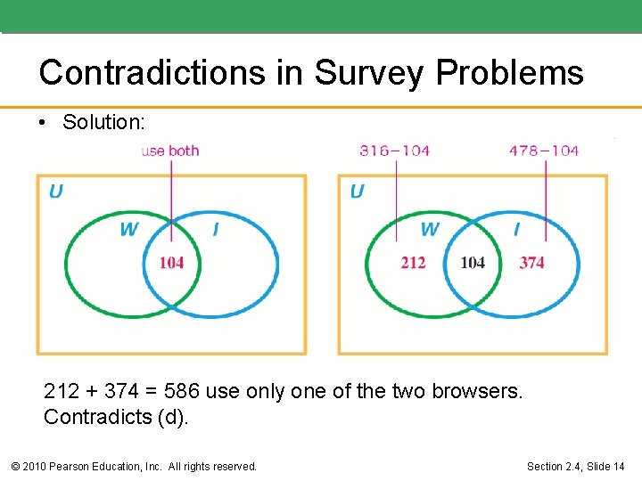 Contradictions in Survey Problems • Solution: 212 + 374 = 586 use only one