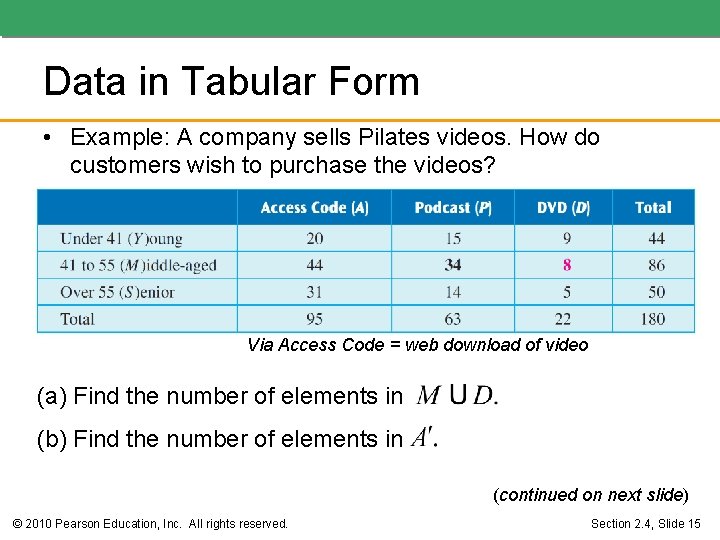 Data in Tabular Form • Example: A company sells Pilates videos. How do customers