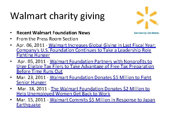 Walmart charity giving • Recent Walmart Foundation News • From the Press Room Section