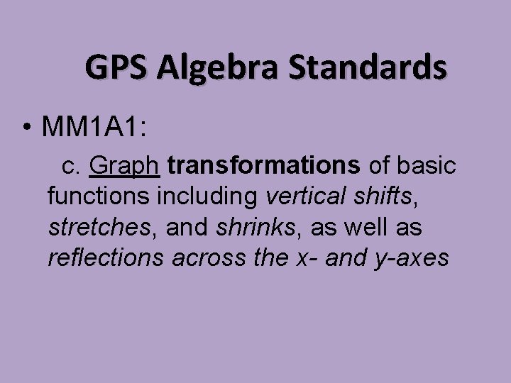 GPS Algebra Standards • MM 1 A 1: c. Graph transformations of basic functions