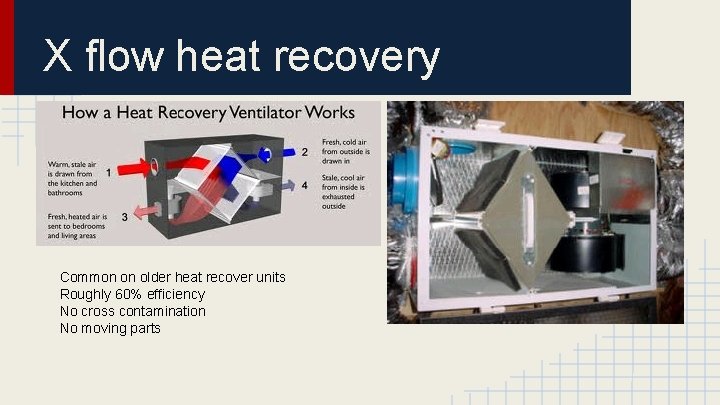 X flow heat recovery Common on older heat recover units Roughly 60% efficiency No