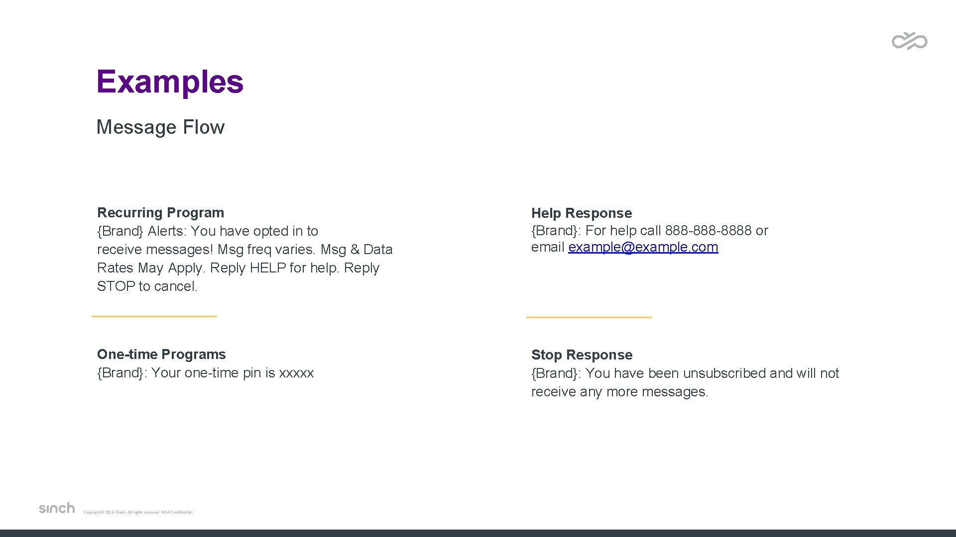 Examples Message Flow Recurring Program {Brand} Alerts: You have opted in to receive messages! Examples Message Flow Recurring Program {Brand} Alerts: You have opted in to receive messages!