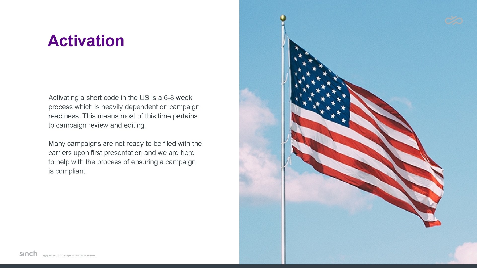 Activation Activating a short code in the US is a 6 -8 week process Activation Activating a short code in the US is a 6 -8 week process