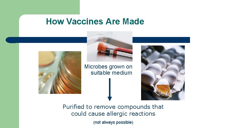 How Vaccines Are Made Microbes grown on suitable medium Purified to remove compounds that