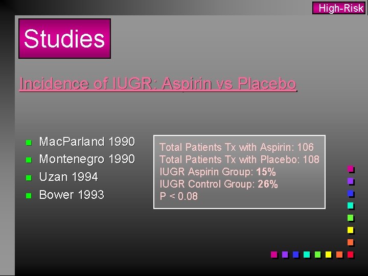 High-Risk Studies Incidence of IUGR: Aspirin vs Placebo n n Mac. Parland 1990 Montenegro