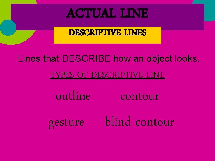ACTUAL LINE DESCRIPTIVE LINES Lines that DESCRIBE how an object looks. TYPES OF DESCRIPTIVE