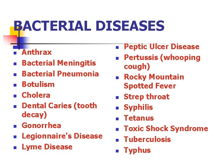 BACTERIAL DISEASES n n n n n Anthrax Bacterial Meningitis Bacterial Pneumonia Botulism Cholera