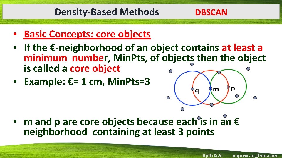 Density-Based Methods DBSCAN • Basic Concepts: core objects • If the €-neighborhood of an