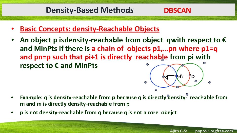 Density-Based Methods DBSCAN • Basic Concepts: density-Reachable Objects • An object p isdensity-reachable from