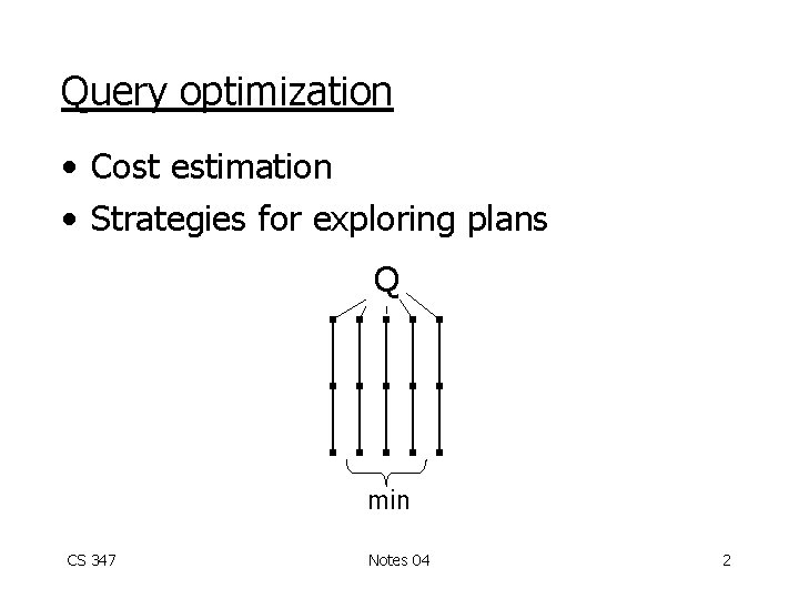 Query optimization • Cost estimation • Strategies for exploring plans Q min CS 347